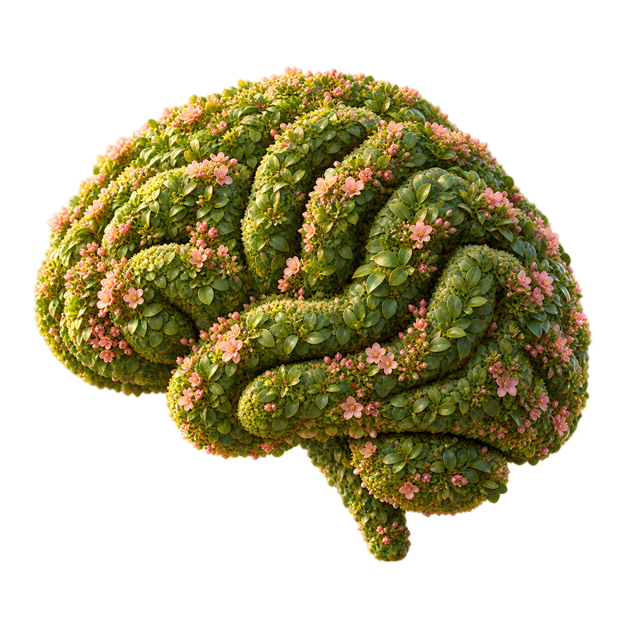 Brain made of topiary leaves and blossoms